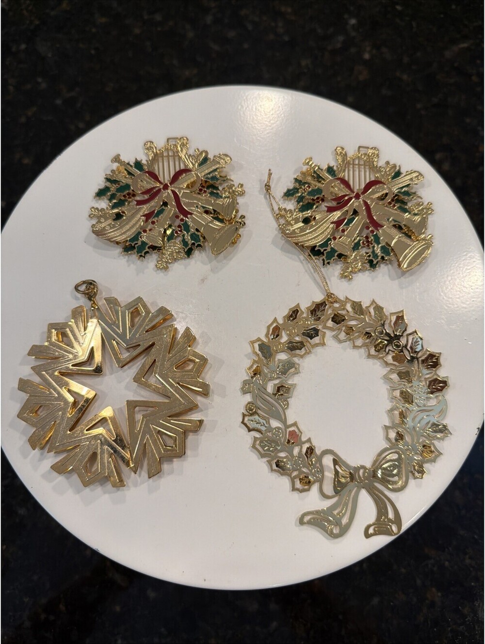 Set Of 4 Brass Christmas Ornaments 2 Baldwin EUC